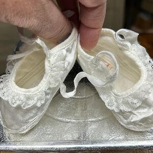 Christening booties satin & lace with ribbon ties infant size vintage 36 years